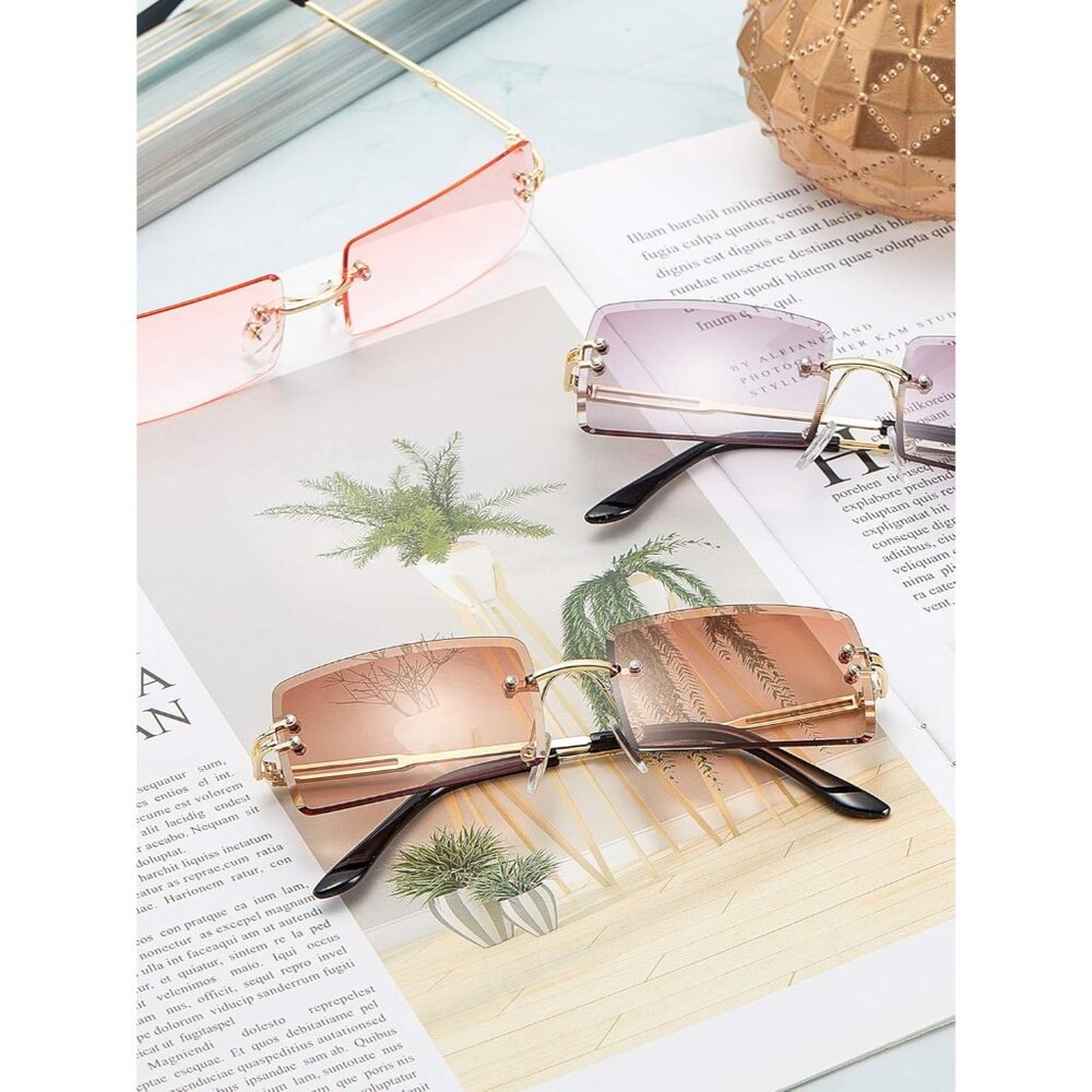 Rimless Rectangle Sunglasses Tinted Frameless Eye… - image 4
